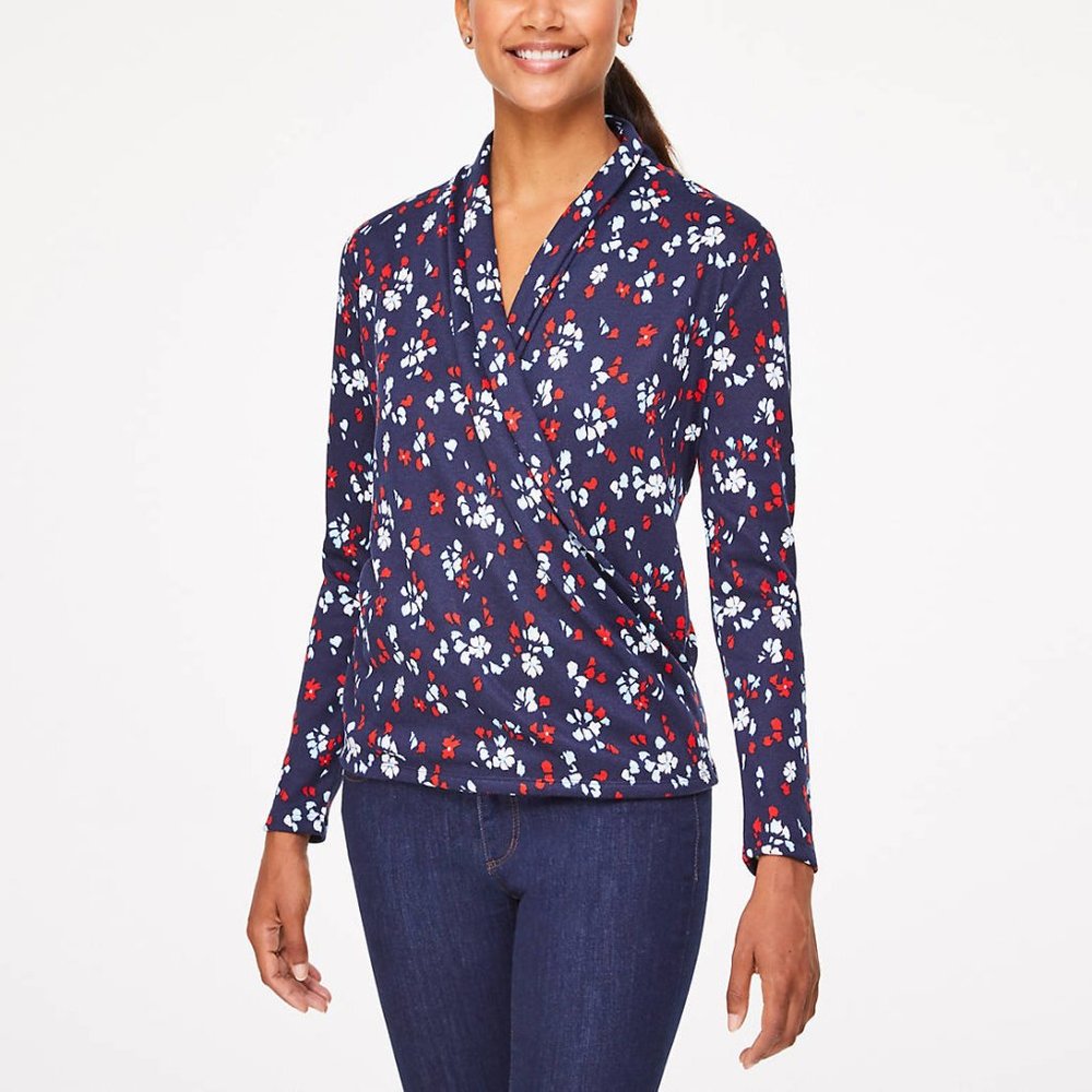 LOFT Outlet Petaled Cozy Wrap Top Navy Sz XS NWT